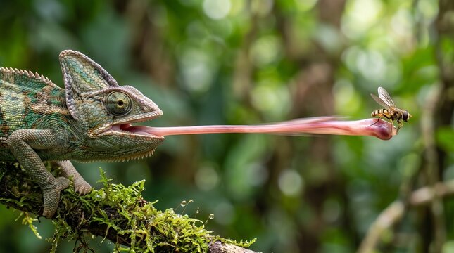 Chameleon Catching Insect with Long Tongue in Nature