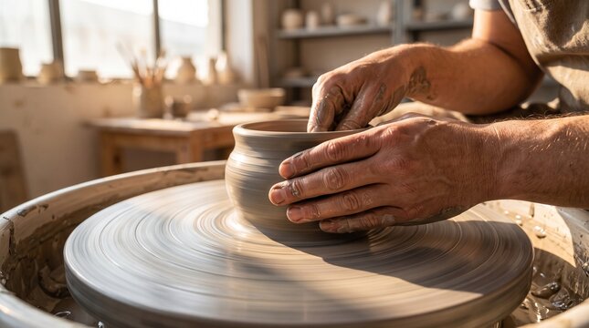 Potter Hands Shaping Wet Clay Pot on Spinning Pottery Wheel