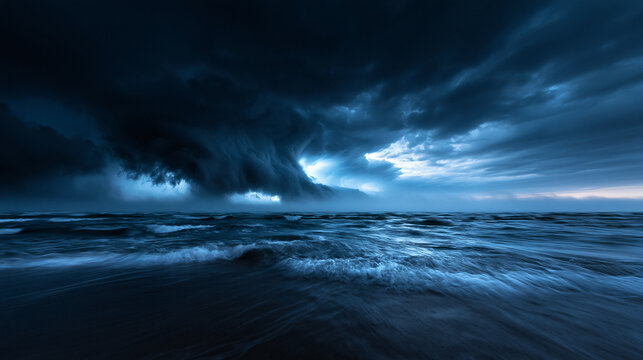 Dramatic Storm Clouds Over Rough Ocean Waves at Sea