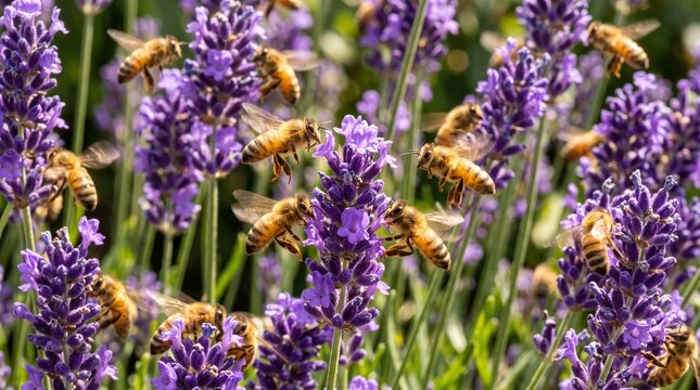 Honey Bees Pollinating Blooming Purple Lavender Flowers