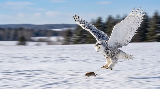 Snowy Owl Hunting Mouse on Snow in Winter