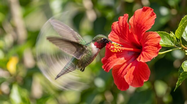Hummingbird Hovering and Feeding on Red Hibiscus Flower