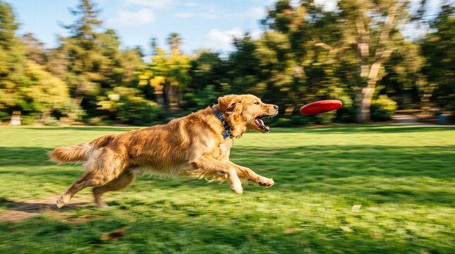 Golden Retriever Running to Catch Flying Disc in Park
