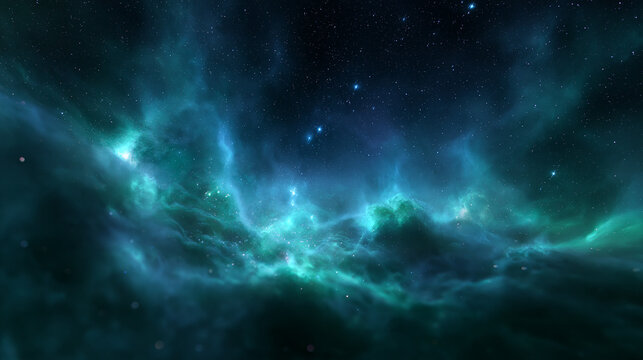 Glowing Teal Nebula and Stars in Deep Space Background