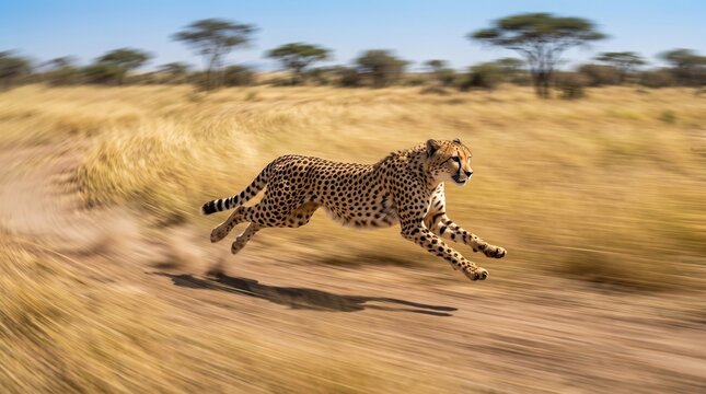 Cheetah Sprinting at Full Speed in African Savanna