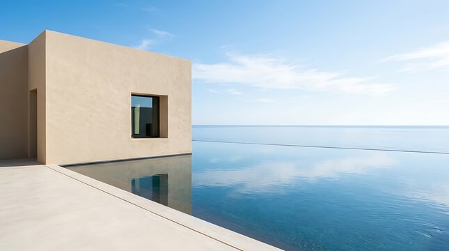 Modern minimalist luxury villa with an infinity pool overlooking a calm blue ocean under a clear sky