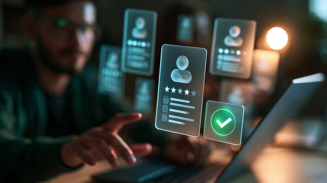 Recruiter Selecting Candidate Profiles on Futuristic Digital Interface