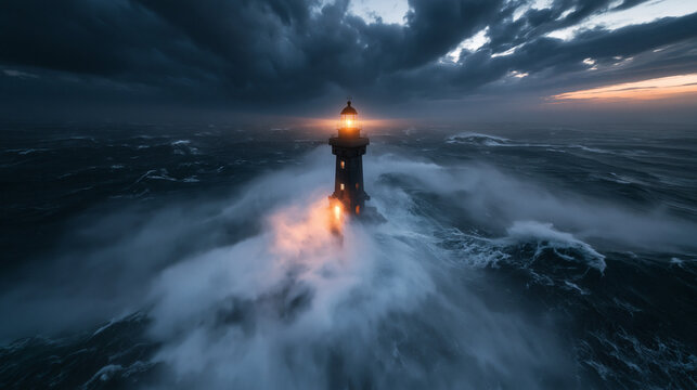 Lighthouse Beacon Glowing in Stormy Sea with Crashing Waves