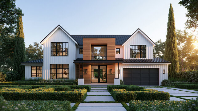Modern Luxury Farmhouse Exterior with Landscaping and Driveway