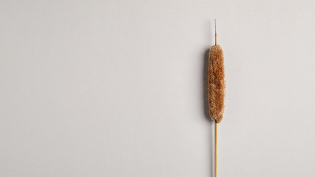 Single dried brown cattail reed on a smooth light grey paper background