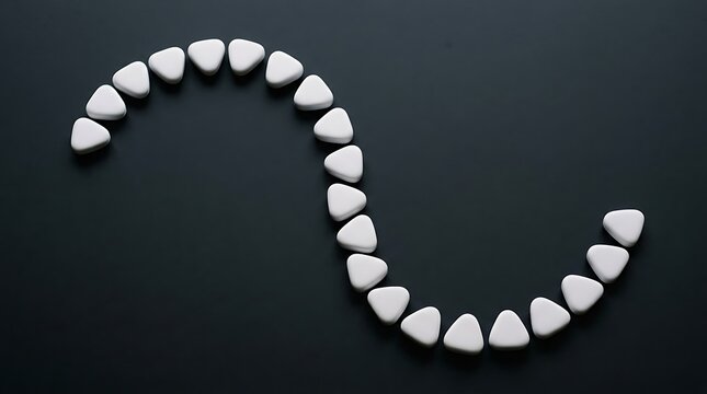 Arrangement of polished white magnesite stones forming a curved line on a dark surface