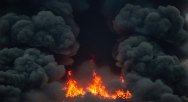 Dramatic Flames Erupting with Thick Black Smoke Against Dark Background.