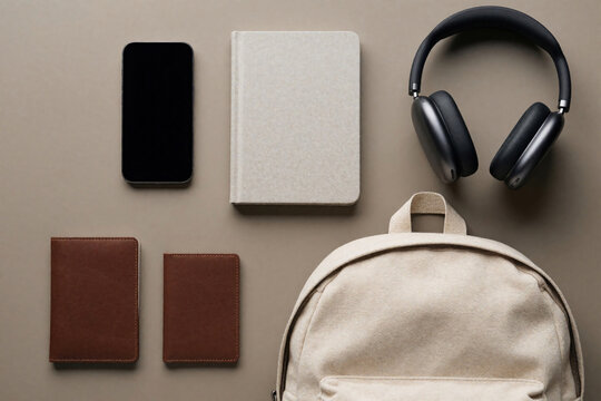 Minimalist flat lay of travel essentials on beige background. Beige backpack sits near black smartphone, grey notebook, wireless headphones. Two brown leather wallets lie nearby. Perfect kit for