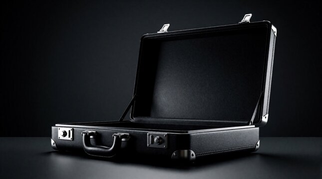 Open black briefcase sits on dark surface. Empty pro attache case with metal locks, handle. Business concept for corporate work, travel, legal documents. Minimalist studio shot with dramatic lighting