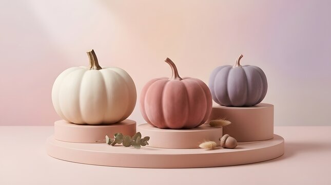 Pastel pumpkins on pink pedestals for fall decoration