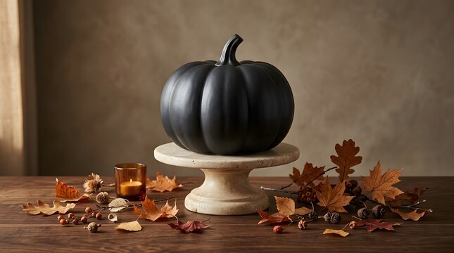 black pumpkin on a cake stand with autumn leaves and candle