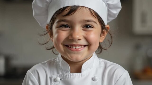 Portrait of a cute little girl wearing a chef hat and uniform in a kitchen.
