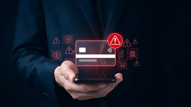 Hand holding smartphone displaying credit card with warning sign and icons indicating online payment security risks and fraud.