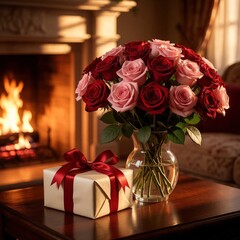 Obraz premium Red and pink roses bouquet in vase on wood table near fireplace. Gift box with red ribbon sits beside flowers. Cozy romantic living room scene.
