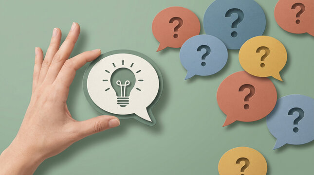 Creative thinking process featuring hand holding bright idea icon against colorful question mark bubbles representing team brainstorming