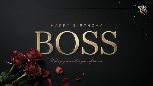 Elegant Happy Birthday Boss greeting card, luxury gold typography on black background, professional corporate celebration with red roses