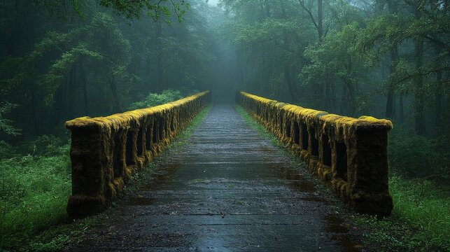 Stone Bridge With Yellow Flowers In A Lush Dark Rainy Forest Landscape