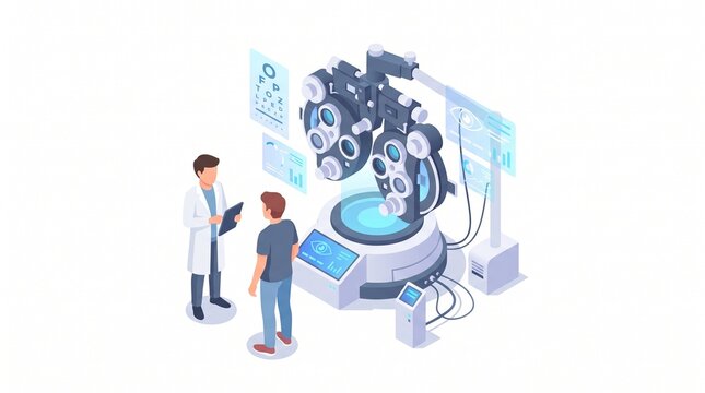 Isometric illustration of an optometrist and patient next to a giant digital eye examination phoropter
