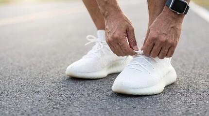 Naklejka premium Close-Up of Man Tying White Sneakers on Asphalt Road During Daylight Hours