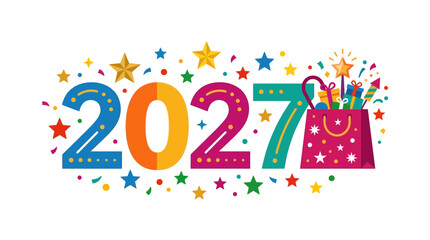 Fototapeta premium Colorful year 2027 numeral illustration with gift box and confetti