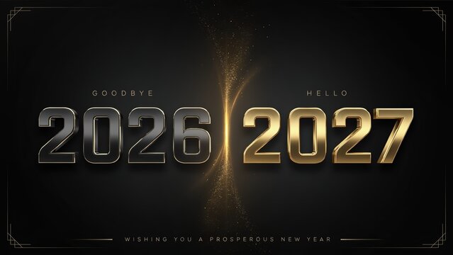 Luxury 2027 New Year banner, elegant gold and black 2026 to 2027 transition, premium metallic typography for holiday celebrations
