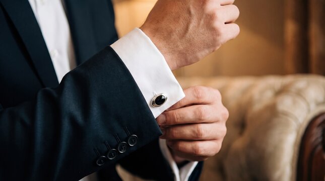Elegant man adjusting cufflink on formal shirt sleeve in luxury setting