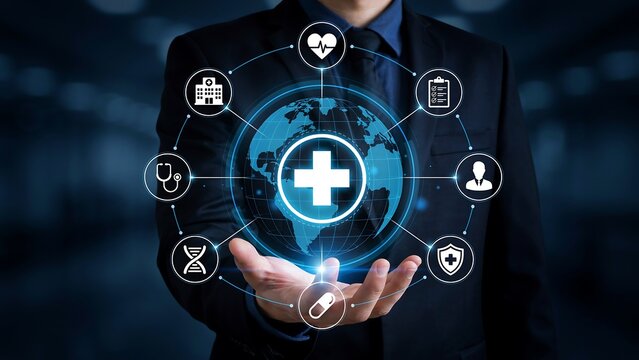 Digital healthcare services global network interface glowing blue with medical cross icons symbols held by businessman hand for integrated insurance telemedicine platform solution.
