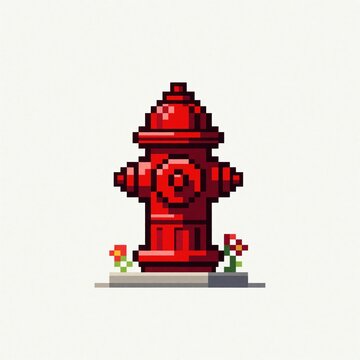 Red fire hydrant in pixel art style stands on pavement with small flowers nearby. Retro 8 bit design for game asset or graphic element. Simple, isolated object for digital projects.