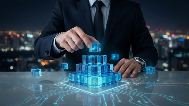 Businessman building professional corporate structure using translucent glass cubes representing data analysis management growth strategy for modern digital business operations.