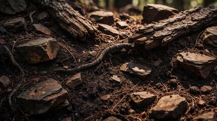 Fototapeta premium Forest floor closeup shows dark soil broken rocks tree roots and pine needles. Natural ground texture background with weathered wood and stones. Earthy pattern for nature or eco themes.