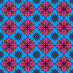 Seamless geometric pattern with colorful stylized floral and cross motifs. © vasitthe