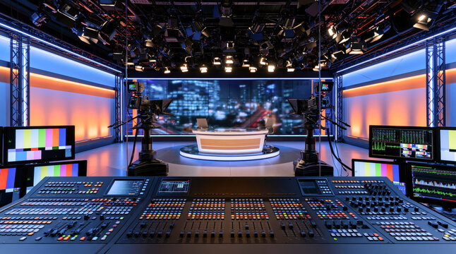 Professional Television Studio Control Desk Facing News Set and Broadcast Cameras