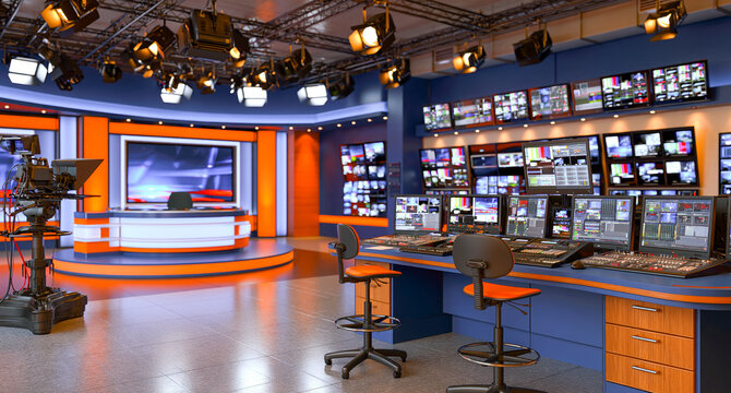 Modern Television News Studio with Control Desks, Monitors and Broadcast Camera