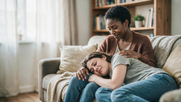 A mother gently comforts her distressed daughter on a living room sofa, offering reassurance, emotional support, and a safe family environment.