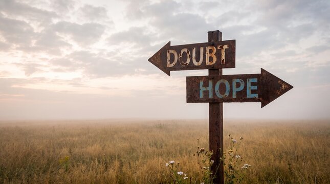 Doubt and hope text on a wooden signpost in a foggy meadow
