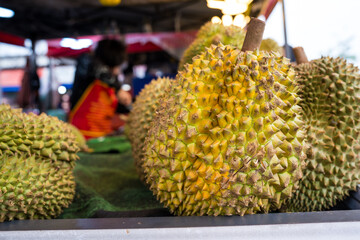 Durian fruit at market in Thailand. Tropical seasonal fruit, king of fruit from Thailand. © Dontree