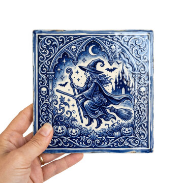 Hand holding a blue witch ceramic tile. Spooky Halloween decor concept.