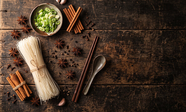 Raw Asian rice noodles and soup spices on dark wooden table with copy space