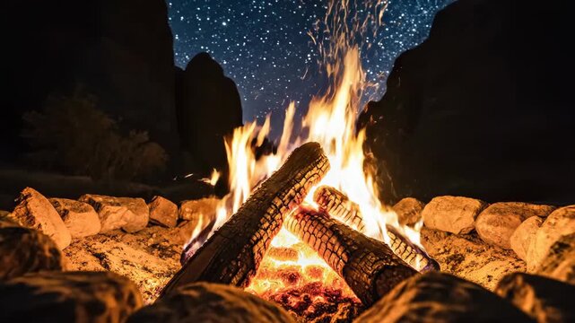 Campfire burning brightly at night, flames and sparks rising from logs, surrounded by rocks and sand, dark silhouettes of rock formations under a clear starry sky, tranquil outdoor experience