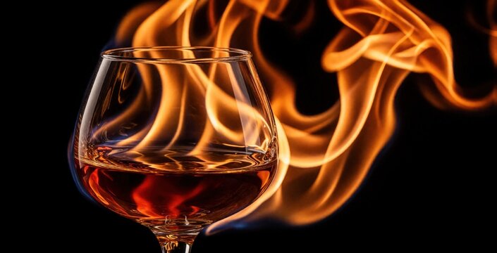 Brandy ignites in glass creating vibrant flames. Alcoholic spirit burns with dramatic fire effect. Dark background highlights intense fiery liquid and heat.