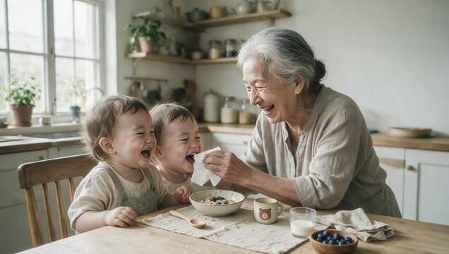 A grandmother gently cares for two laughing toddlers during breakfast, creating a warm intergenerational family moment in a bright kitchen.