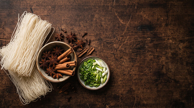 Raw Asian rice noodles and soup spices on dark wooden table with copy space