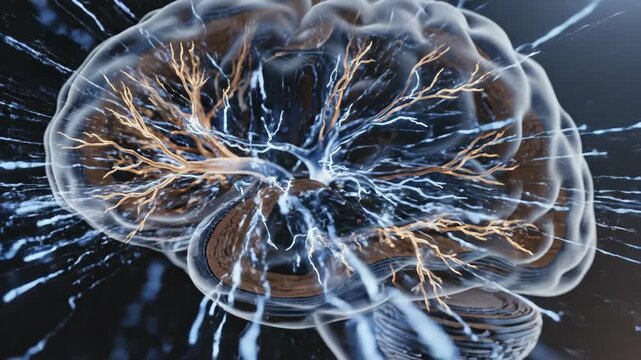Detailed visualization of brain activity with neural network pathways and electrical impulses flowing through translucent human organ