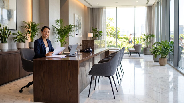Businesswoman smiling at camera while working at modern reception desk, potted plants, glass windows, marble floor, bright daylight, hospitality, customer service, corporate office, luxury hotel