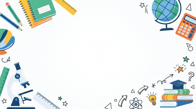 modern flat school supplies border banner with notebooks globe microscope and graduation cap on white background